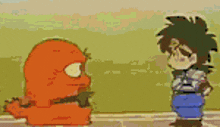 two cartoon characters are standing next to each other and talking .
