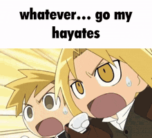 a couple of anime characters with the words " whatever go my hayates "