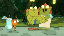 a cartoon character is holding another character 's foot