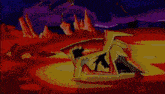 a cartoon drawing of a person laying on the ground in a field of lava .