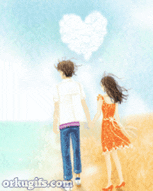 a cartoon of a man and a woman holding hands on a beach with the website orkugifs.com in the corner