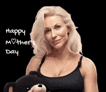a woman holding a teddy bear with the words happy mother 's day