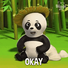 a panda bear wearing a straw hat is sitting in a bamboo forest and saying okay