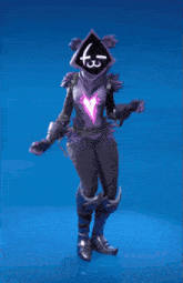 a video game character with a purple and black outfit and a hood that has a x on it