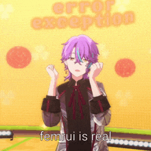 a girl with purple hair is standing in front of a yellow background that says error exception