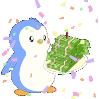 a penguin is holding a cake made of money with a candle