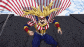 a cartoon character is wearing a red white and blue cape