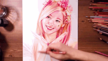 a drawing of a girl with pink hair and flowers on her head