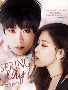 a poster for spring day shows a boy and a girl looking at each other