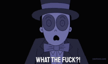 a cartoon character with a hat and gloves says " what the fuck "