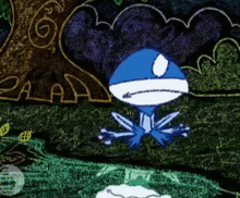 a drawing of a blue and white frog with the number 6 on it