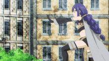 a girl with purple hair and a cape stands in front of a building