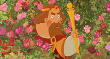a cartoon of a man with a crown on his head is surrounded by roses