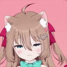 a close up of a cute anime girl with cat ears and a heart shaped hair clip .