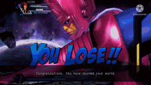 a video game screen that says you lose congratulations you have doomed your world .