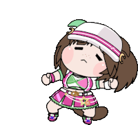 a cartoon drawing of a girl wearing a hat and a pink dress