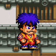 a pixel art drawing of a boy with blue hair and red eyes