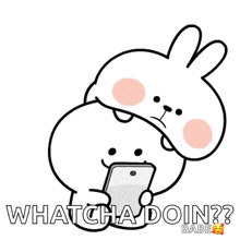 a cartoon of a rabbit holding a cell phone with the words whatcha doin babe written below it