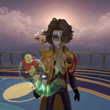 a man with a purple face is holding a candle holder in his hand