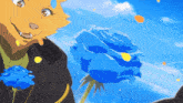 a cartoon character holding a blue rose in his hand