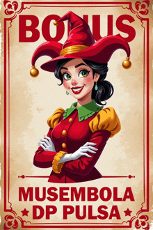 a poster with a woman in a jester hat and the words bonus musembola dp pulsa on it