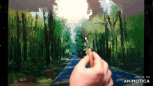 a painting of a road going through a forest is made in animotica