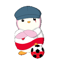 a cartoon of a penguin wearing a hat and holding a red and black soccer ball