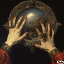 a painting of a woman looking at herself in a mirror with pixiz on the bottom right