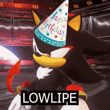 shadow the hedgehog wearing a party hat that says happy birthday on it