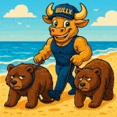 a bull wearing a bullx hat is walking two bears on a leash