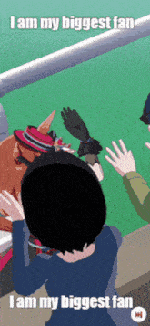 a cartoon of a woman waving at a horse with the words i am my biggest fan