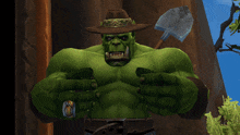 a green orc in a cowboy hat holds a shovel