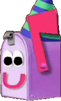a purple mailbox with a smiling face and a hat on