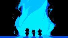 three cartoon characters are standing in front of a blue fire .