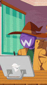 a cartoon character wearing a hat with the letter w on his face