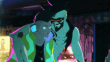a couple of anime characters standing next to each other with one having a beard