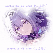 a girl with purple hair is surrounded by butterflies and hearts