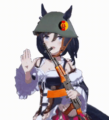 a girl is wearing a helmet and holding an assault rifle .