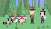 a group of cartoon characters including a boy scout and a witch
