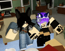 a girl with purple hair is standing next to a boy with black hair in a living room