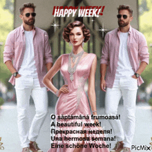 a man and a woman are standing next to each other with the words happy week on top