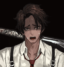 a drawing of a man wearing suspenders and a red tie