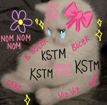 a picture of a white cat with a pink bow and the words nom nom nom