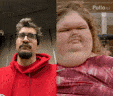 a man in a red hoodie next to a woman in a pink shirt with a sign that says pollo.ai