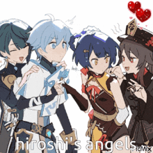 a group of anime characters standing next to each other with the words hiroshi 's angels in the corner