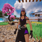 a woman in a black and purple dress is standing in a field