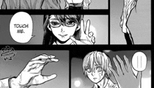 a black and white image of a man holding a woman 's hand in a tokyo ghoul manga .