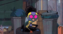 a cartoon character in a yellow and purple suit is crawling out of a garbage can