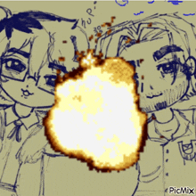 a drawing of a man and a girl with a explosion in the background and the word picmix at the bottom