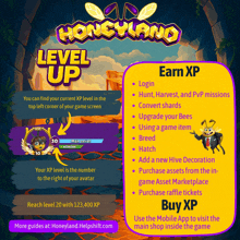 a poster for honeyland level up explains how to get xp